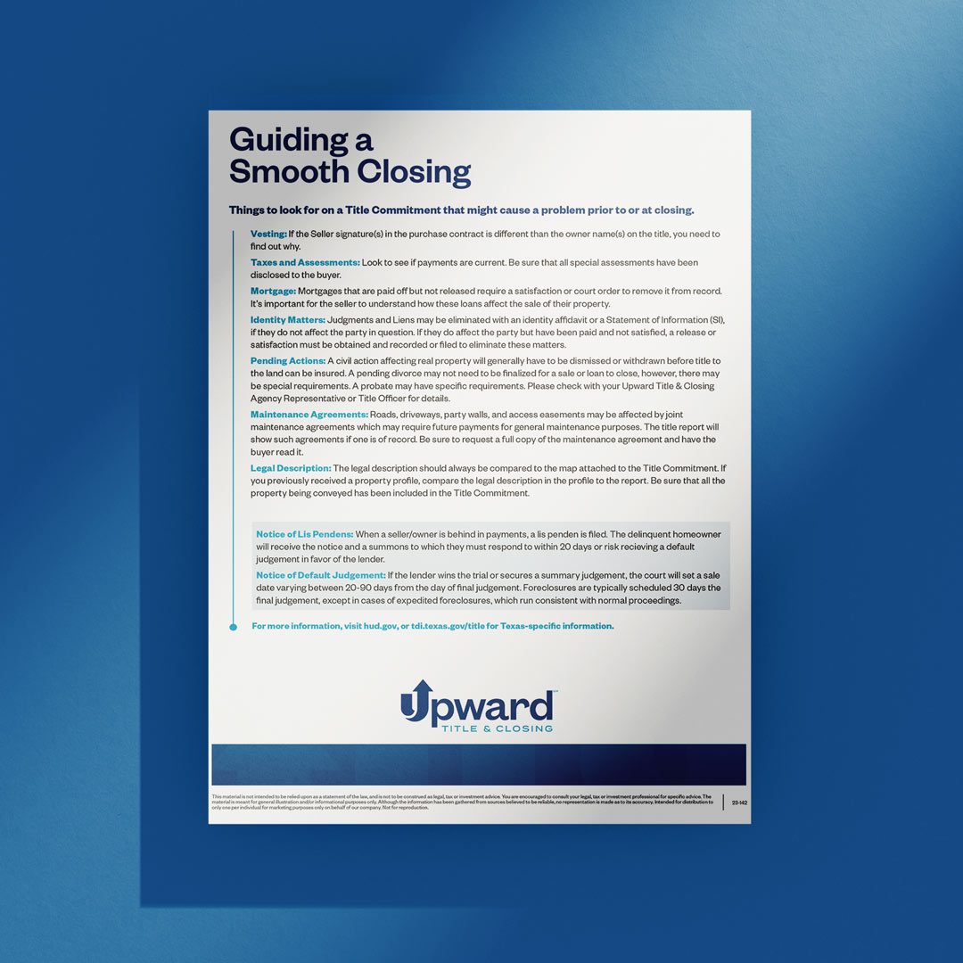 Upward Title & Closing flyer highlighting items to review on the title commitment to ensure a smooth closing.