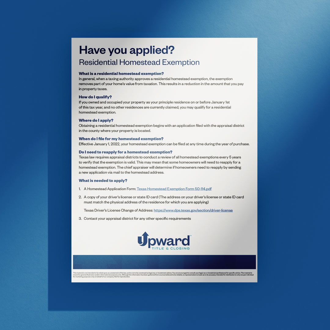 Upward Title & Closing flyer explaining the homestead exemption.