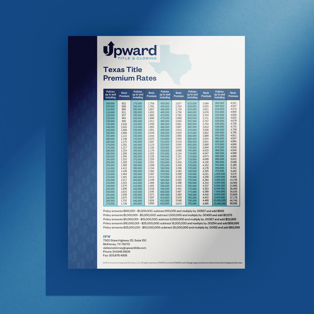 A chart of the title premium rates for Upward Title & Closing.