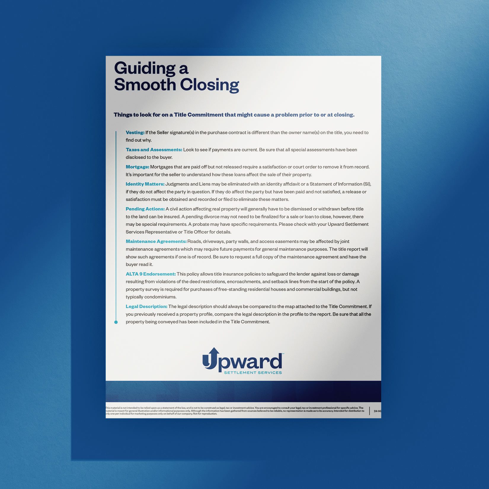 Upward Settlement Services flyer highlighting items to review on the title commitment to ensure a smooth closing.
