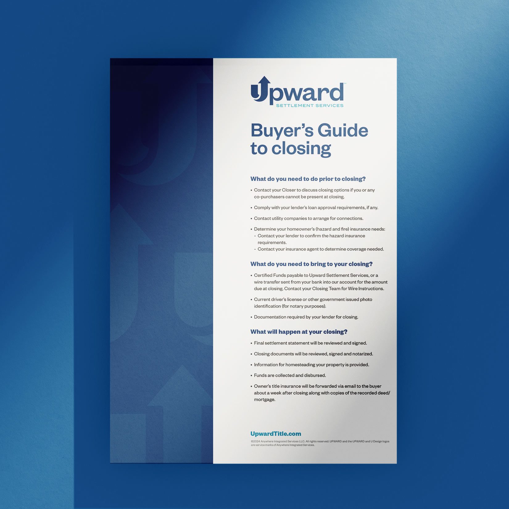 Upward Settlement Services flyer explaining what buyers can expect at the closing.