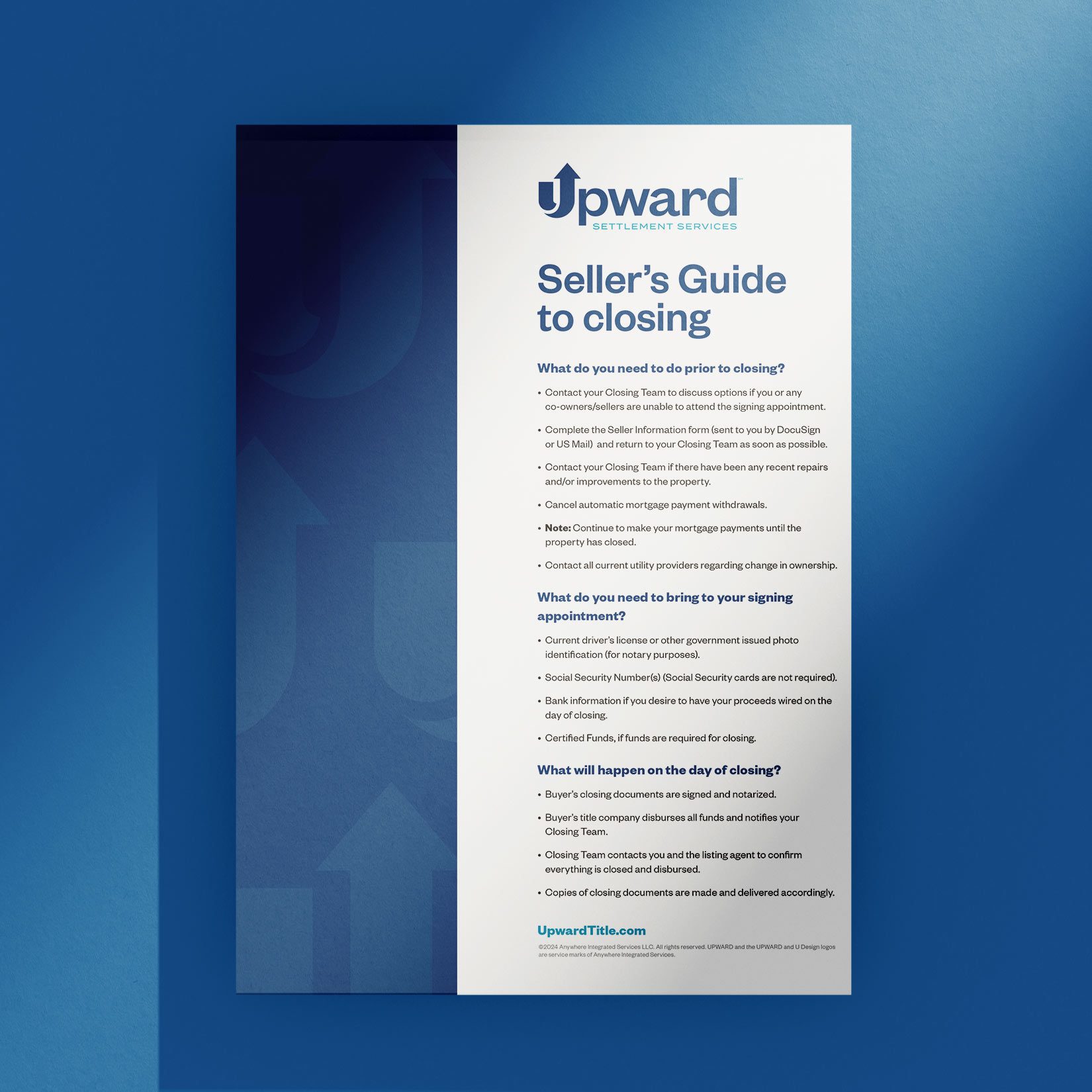 Upward Settlement Services flyer explaining what sellers can expect at the closing.