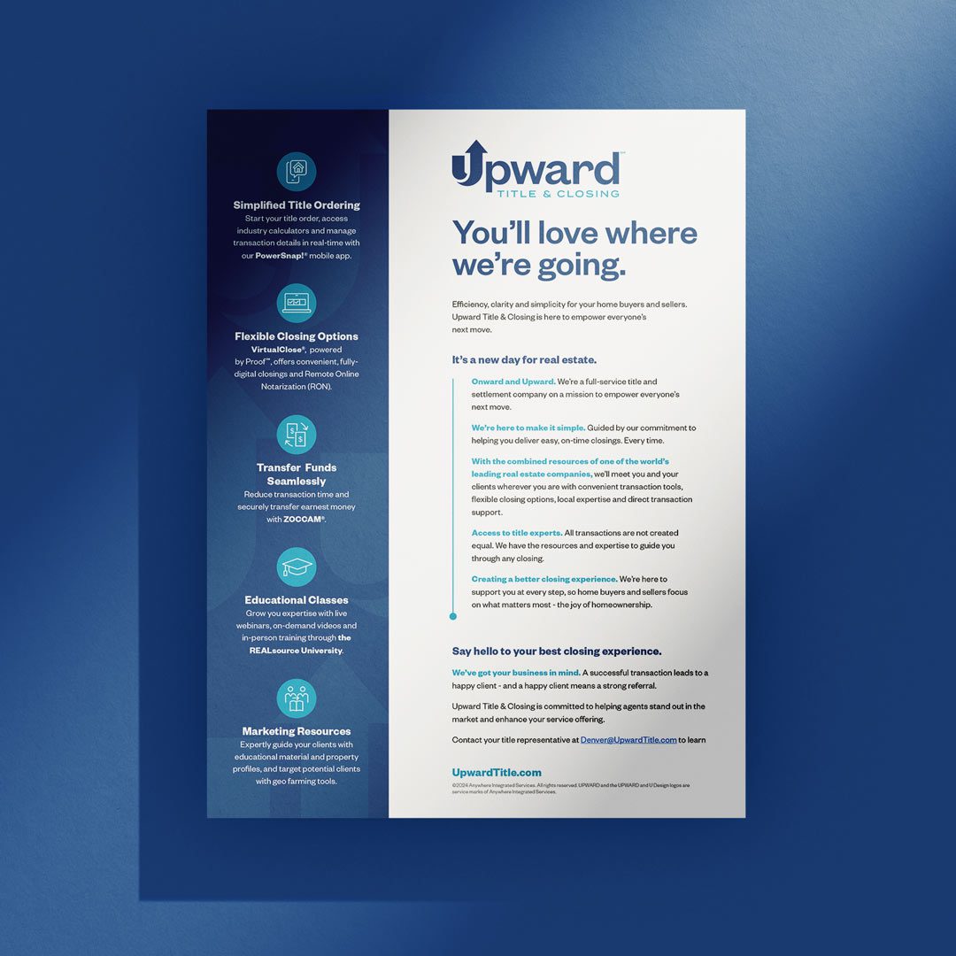 Upward Title & Closing flyer highlighting agent tools and resources.