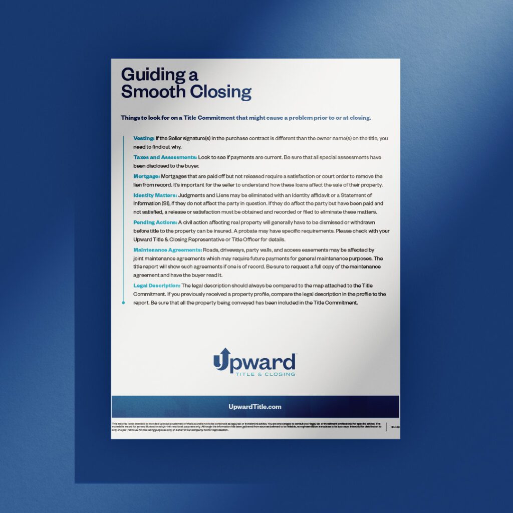 Upward Title & Closing flyer highlighting items to review on the title commitment to ensure a smooth closing.