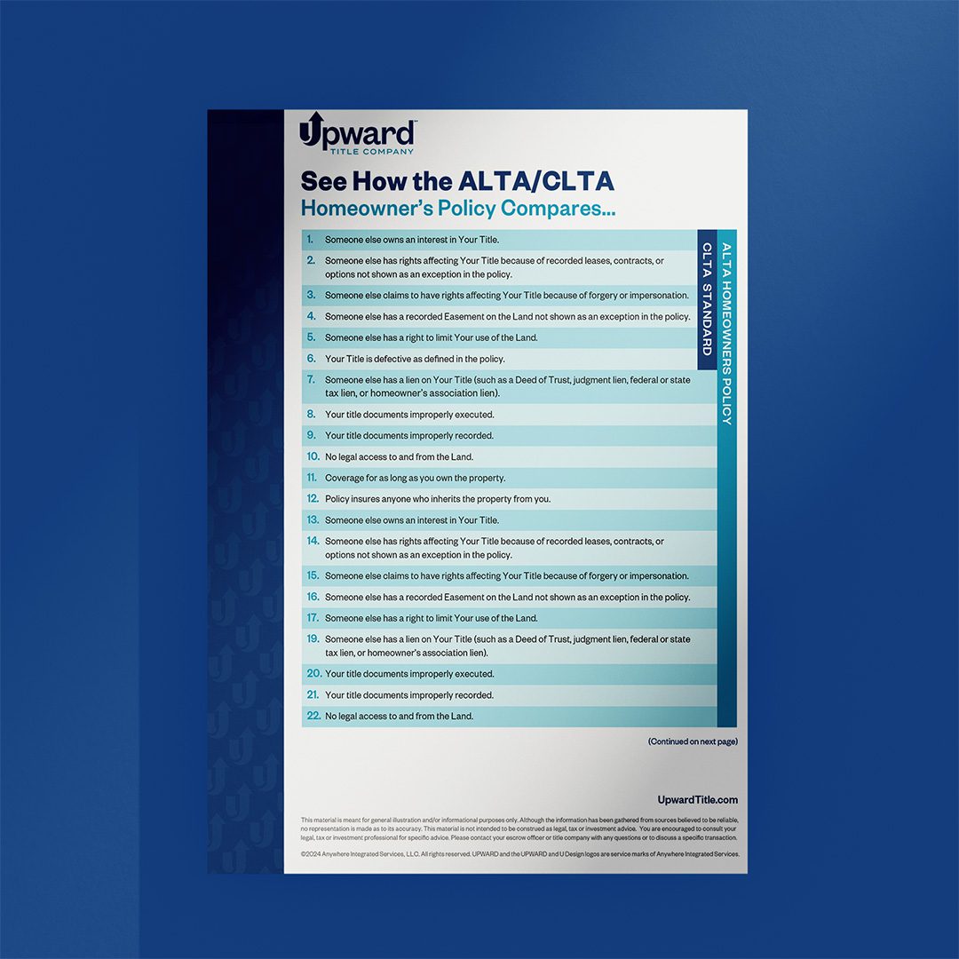 A flyer comparing the Standard CLTA policy and added coverage available with the ALTA policy.