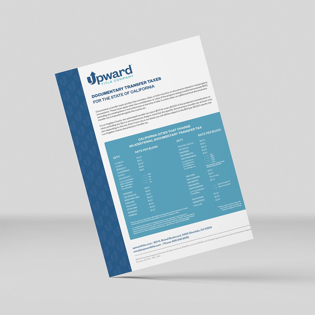 A flyer identifying counties and cities in California that charge and additional documentary transfer tax on real estate transactions.