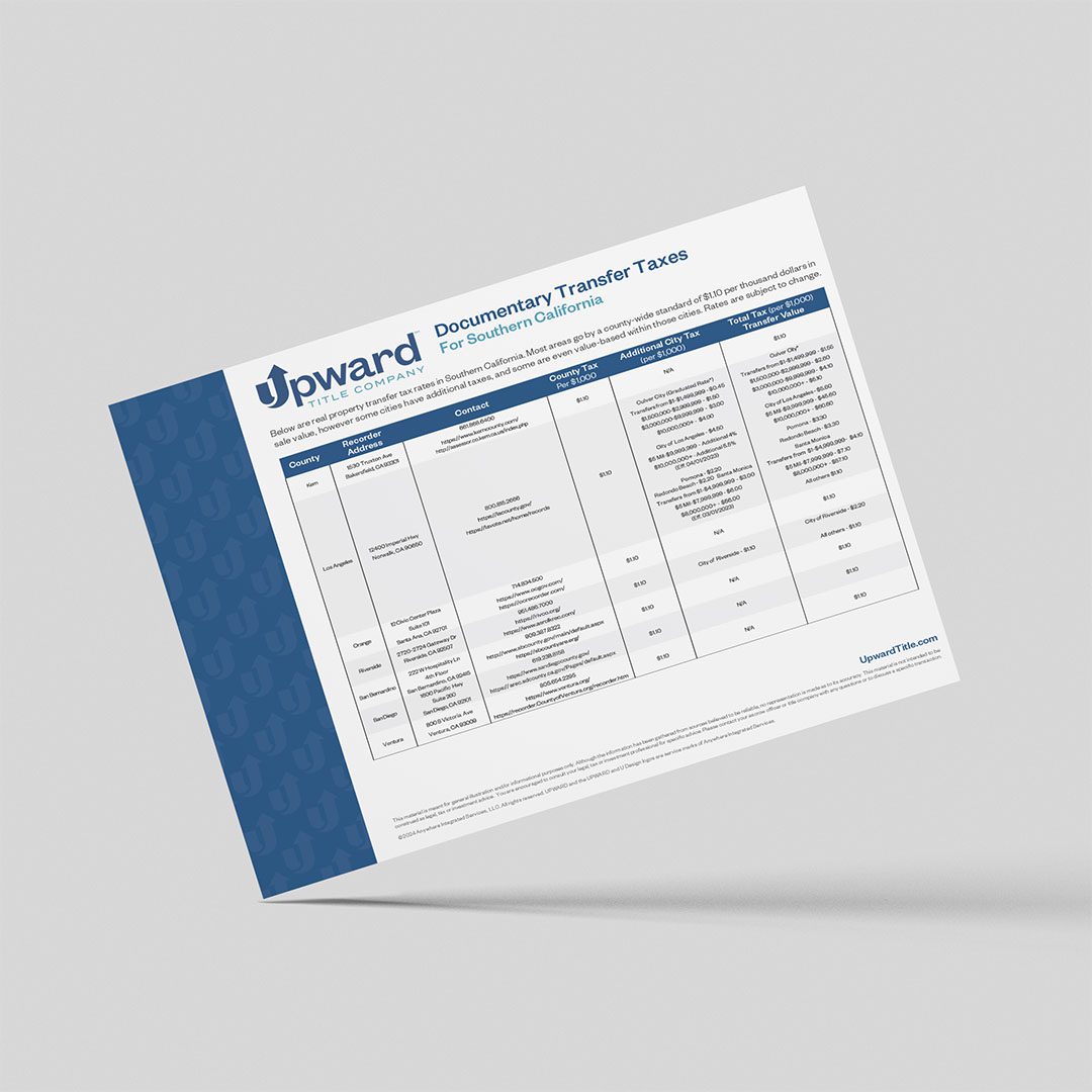 A flyer summarizing documentary transfer taxes for each county in Southern California.