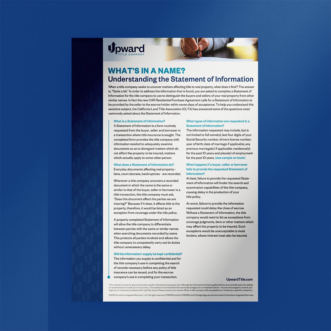 A flyer describing the purpose of the Statement of Information used in a title search.