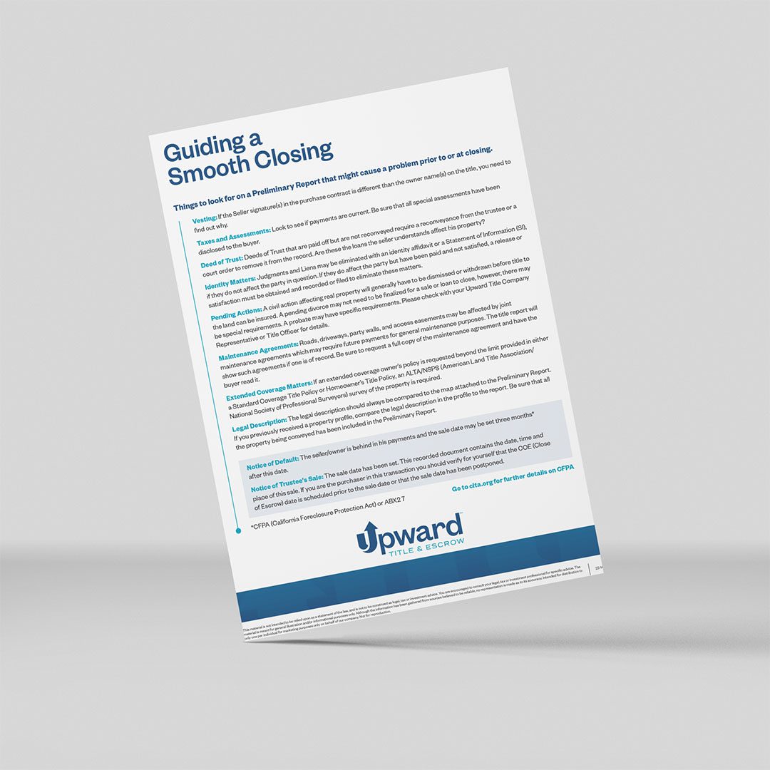 Upward Title & Escrow flyer highlighting items to review on the title commitment to ensure a smooth closing.